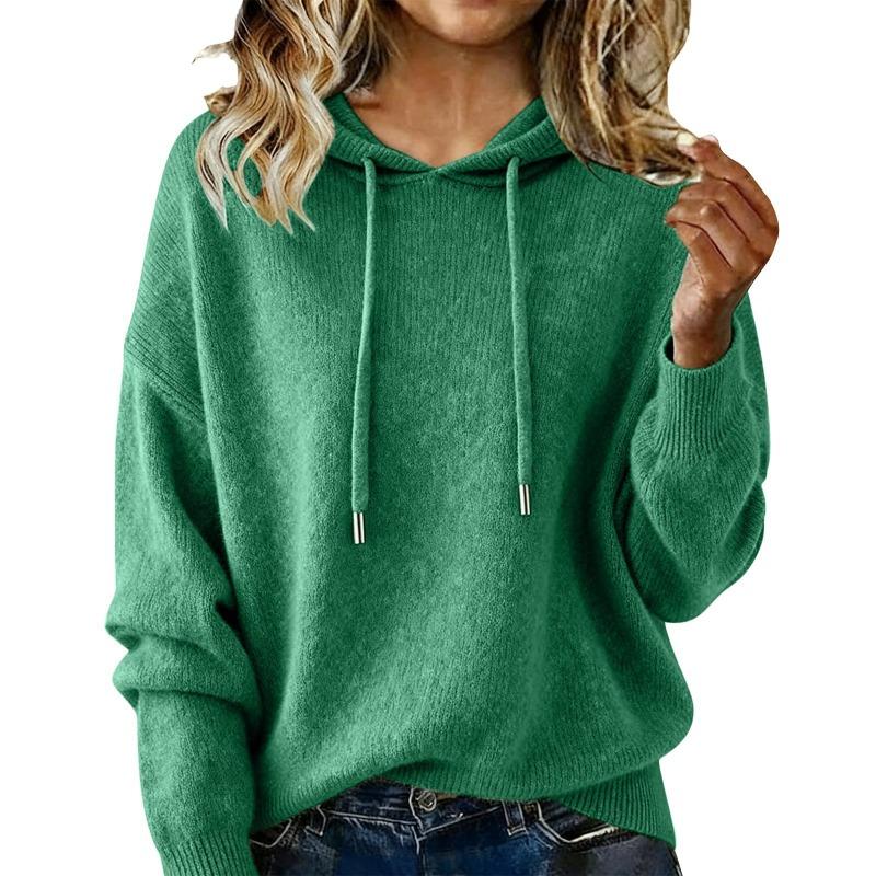 Women S Loose Fit Hooded Knit Pullover Sweater Long Sleeve Solid Color