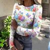 T-shirt da Donna Invernale Slim alla Moda Casual Stampata Girocollo Pullover Manica Lunga Top