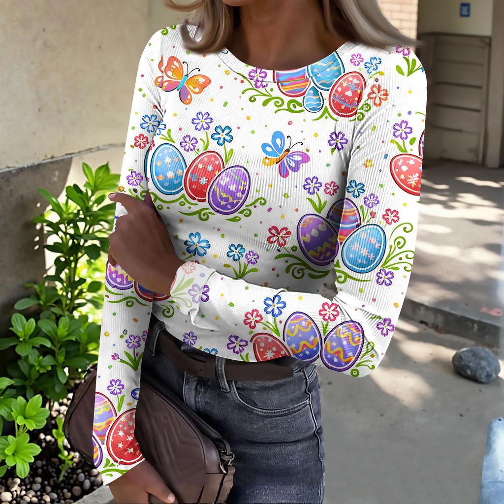 T-shirt da Donna Invernale Slim alla Moda Casual Stampata Girocollo Pullover Manica Lunga Top