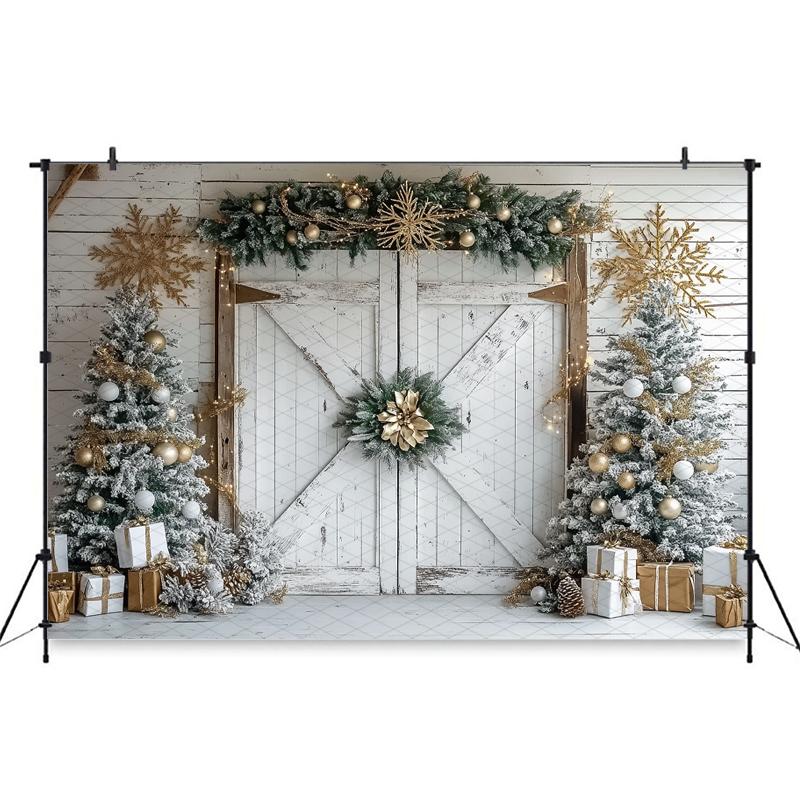 Mocsicka Christmas Photography Background Winter Snow Xmas Tree White Door Decoration Happy New Year Party Photo Backdrop Banner