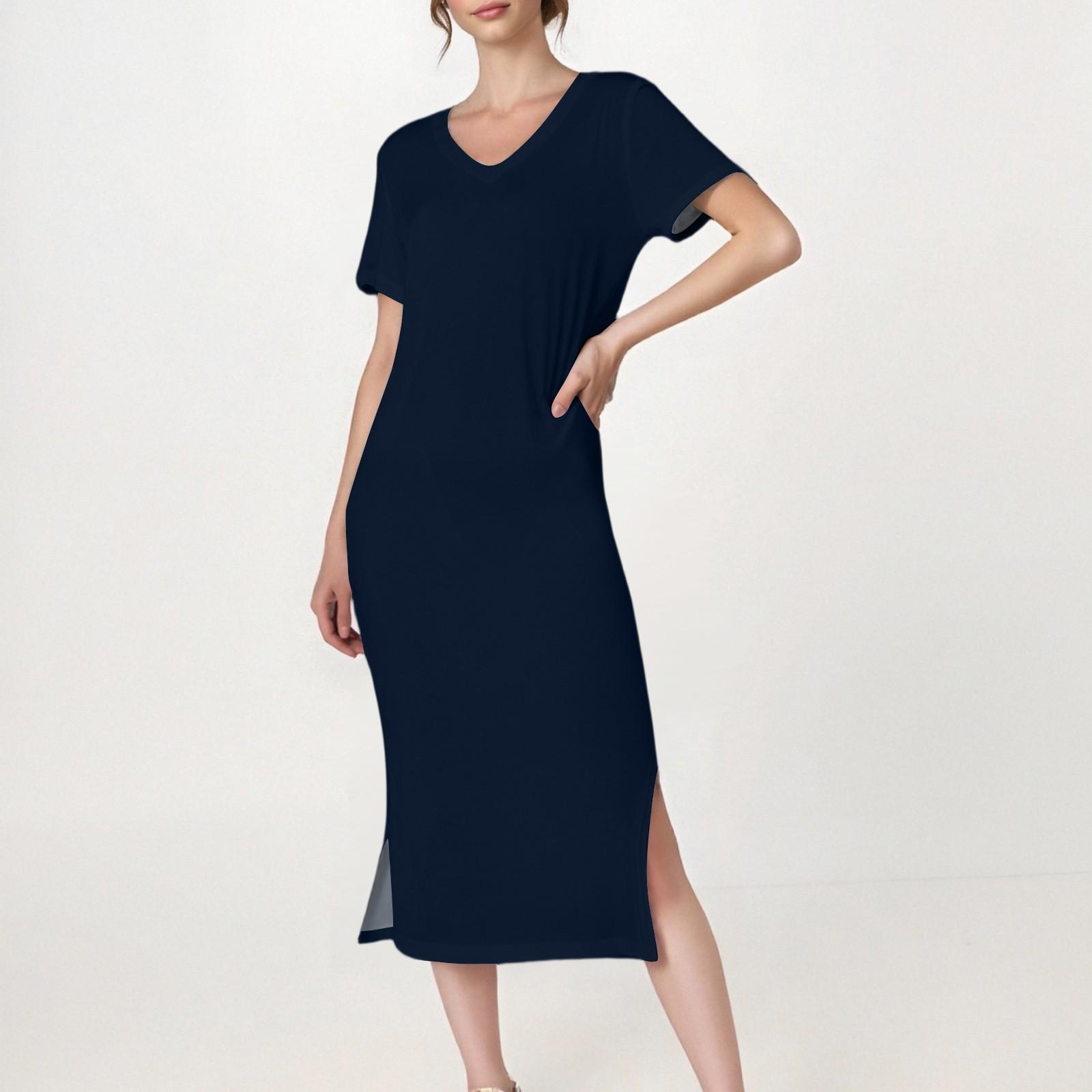 

Женское повседневное однотонное платье с V-образным вырезом, короткими рукавами, разрезом по подолу и карманами S тёмно-синий