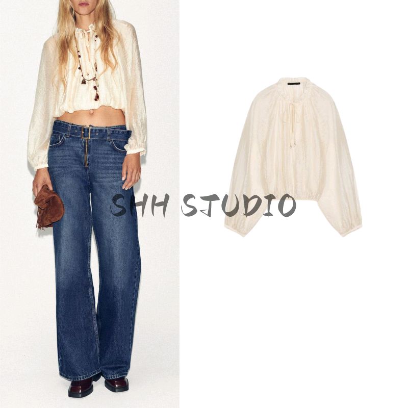 Fall New Women's Clothing Metal Beaded round Neck Loose Long Sleeves Puff Sleeves Drape Shirt 5029182