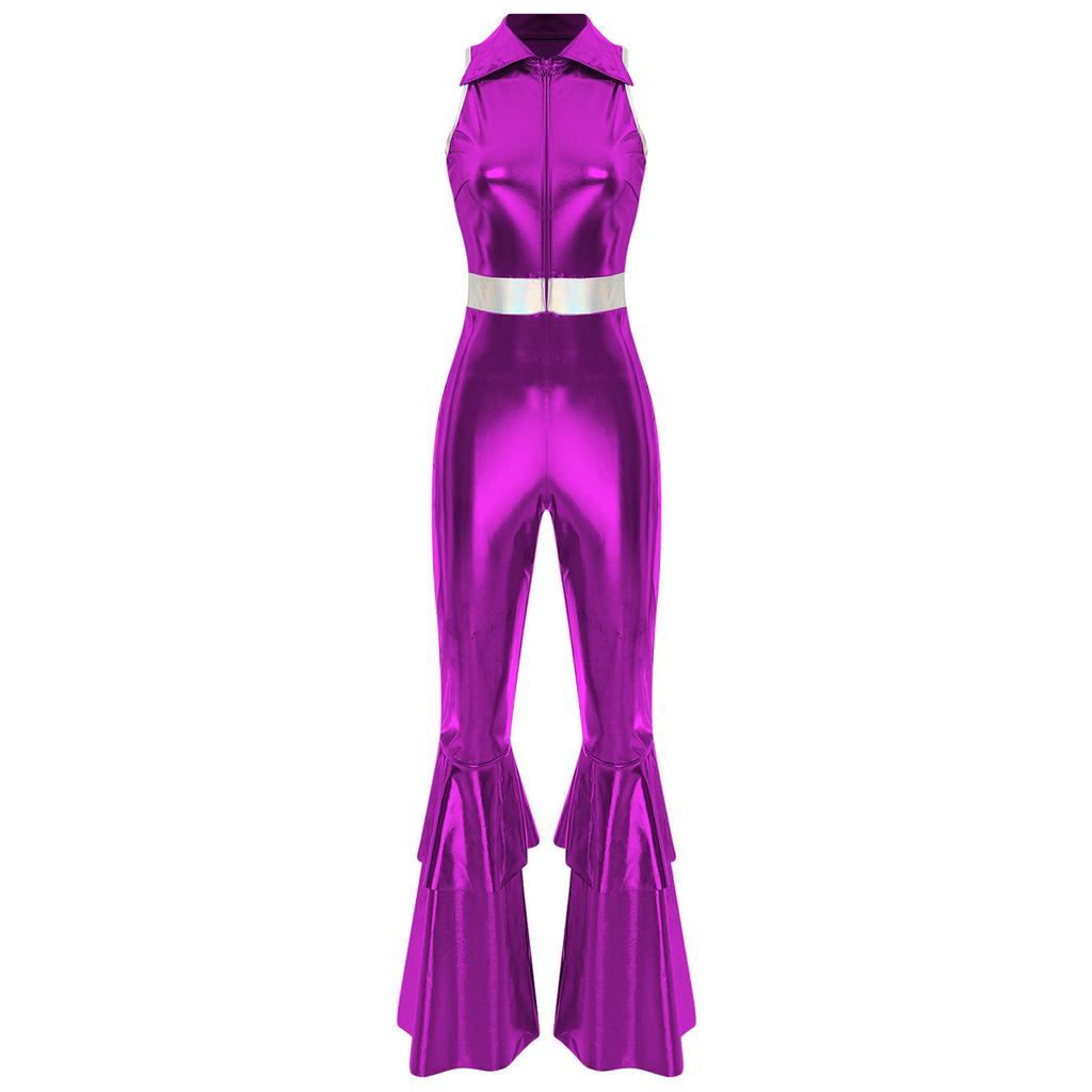 Women Shiny Metallic 70s Disco Costume Lapel Collar Sleeveless High Waist Flared Jumpsuit Disco Dance Outfit