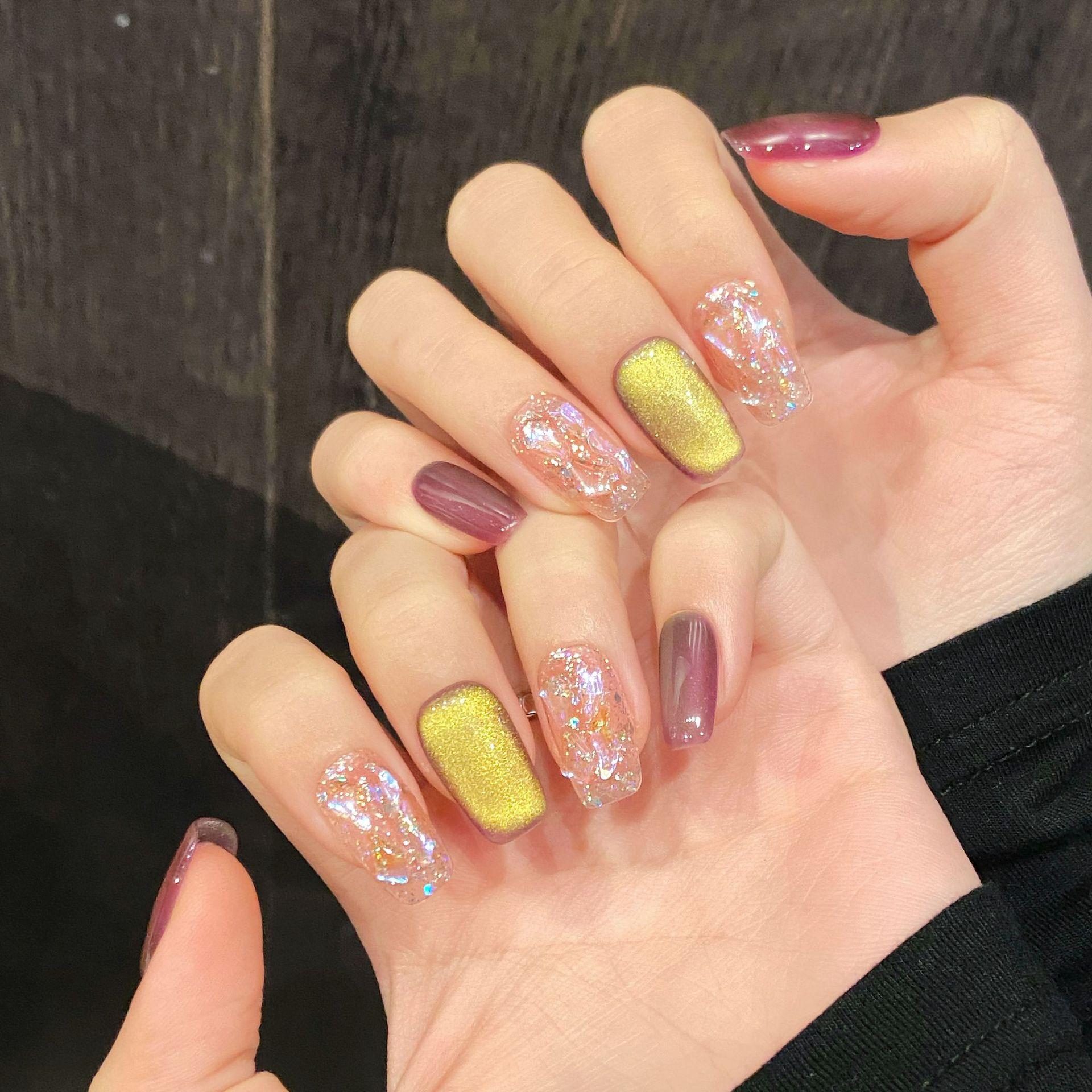 

Средние квадратные накладные ногти с блеском, многоразовые гелевые накладные акриловые накладные ногти с дизайном, наклейки для ногтей, многоразовые ногти с полным покрытием для женщин L