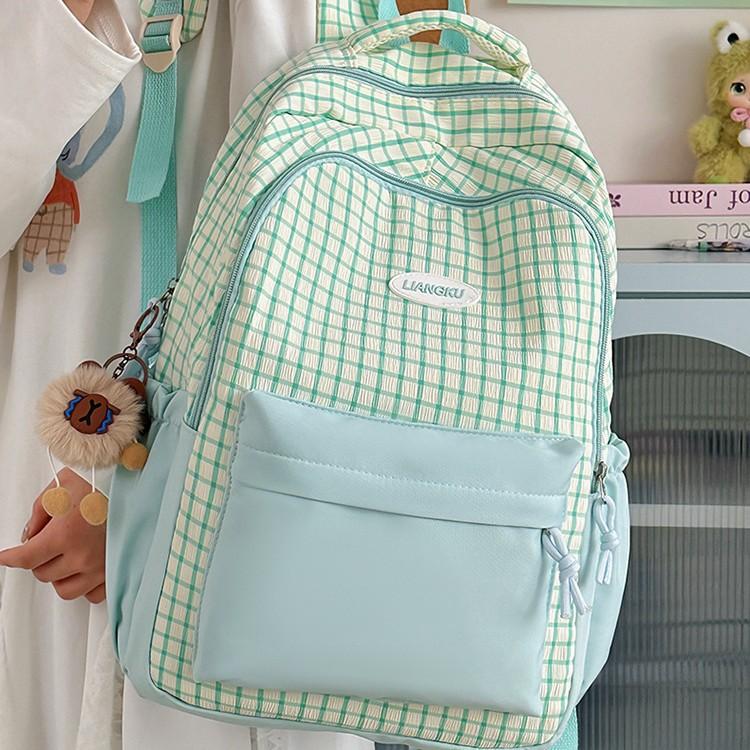 Schoolbag Japanese ins Contrast Color Plaid School Bag Female High School College Student Travel Backpack Mommy Bag Lightweight Small Backpack