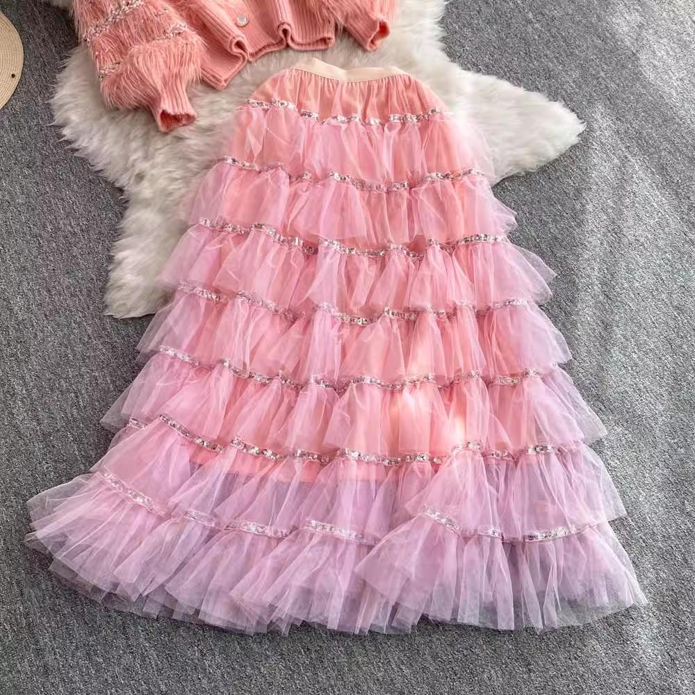Autumn Winter Women Two Piece Set Small Fragrant V Neck Furry Knit Cardigan Sweater Coat And Sequined Cascading Mesh Long Skirt Suit