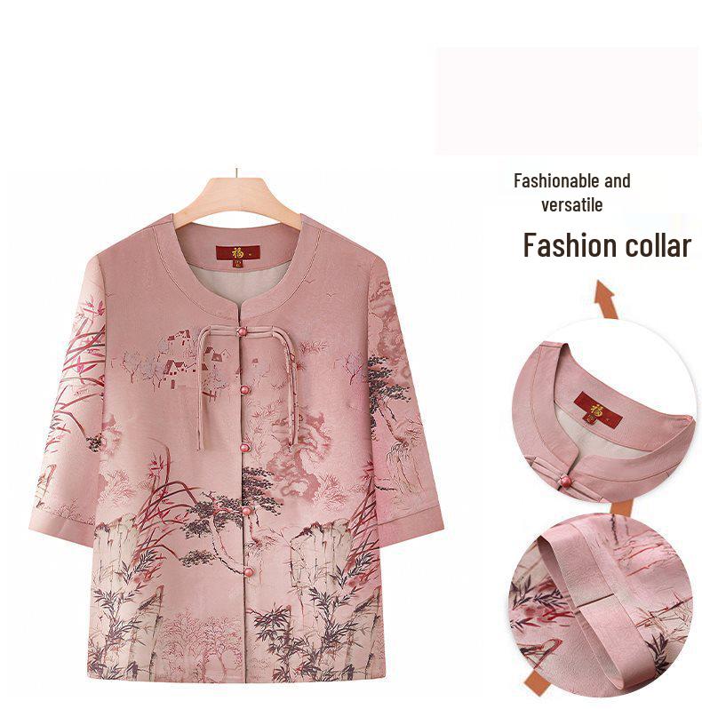 Elegant Chinese Summer Outfit: Short-Sleeved Top & Two-Piece Set for Middle-Aged and Elderly Women