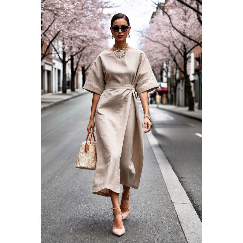 

2025 European and American New Summer Fashion round Neck Solid Lace-up One piece Dress Women clothing Khaki M