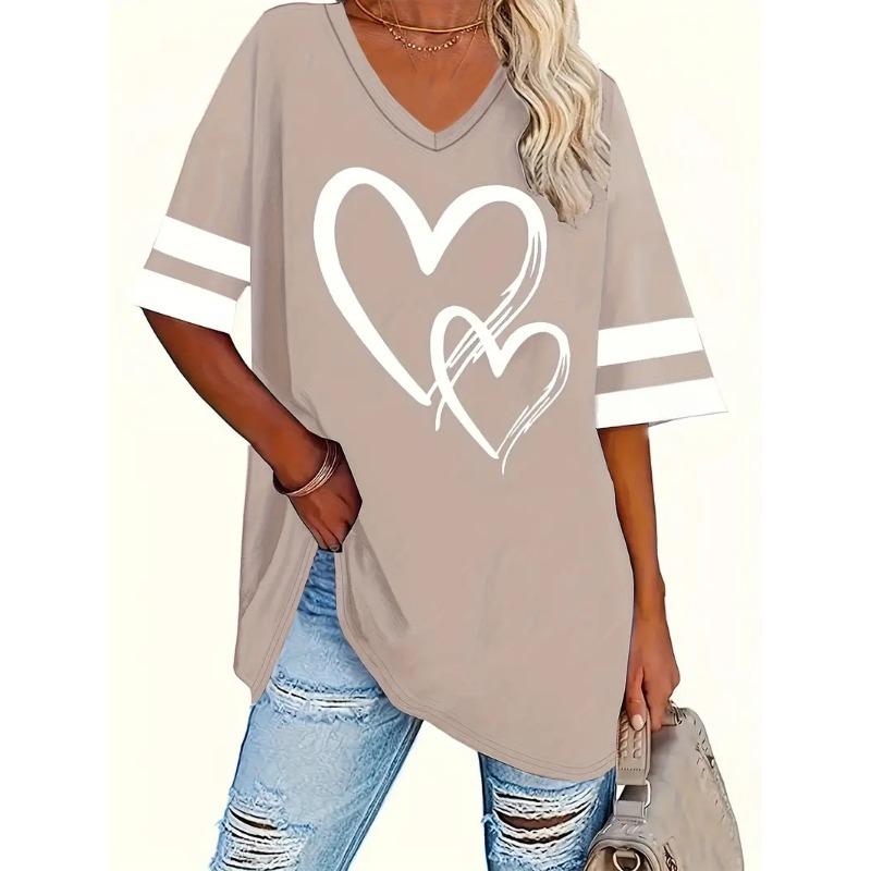 Plus Size Heart Print T-Shirt Casual Crew Neck Short Sleeve T-Shirt Women's Plus Size Clothing