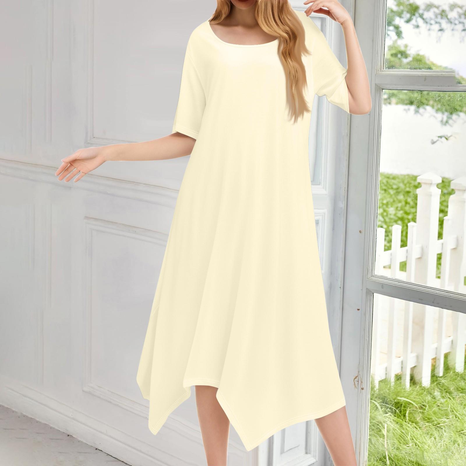 

Жіноча повсякденна модна сукня міді з круглим вирізом і короткими рукавами з однотонним нерівним подолом L бежевий