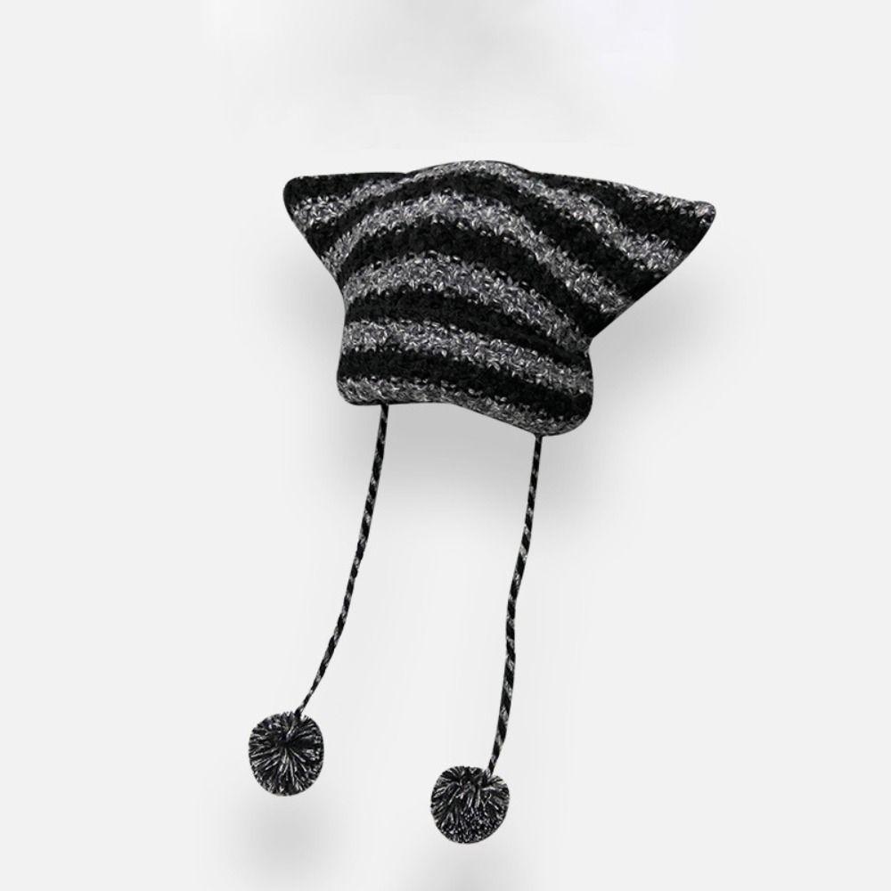 Cute Knitting Striped Devil Ear Casual Cap Japanese Beanie Hat Bonnet Hats Knitted Wool Caps