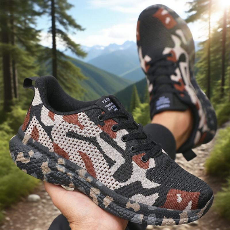 Men's Mesh Hiking Shoes Breathable Knit Fabric Lightweight Anti Slip Fashion Camo Sneakers Outdoor Comfort Camouflage Men Shoes