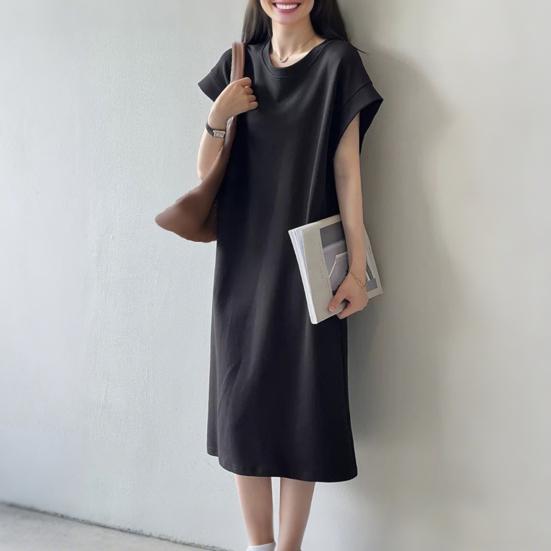 Women T-shirt Dress Round Neck Short Sleeve Loose Fit Casual Dress Solid Color Design Summer Dress Daily Wear
