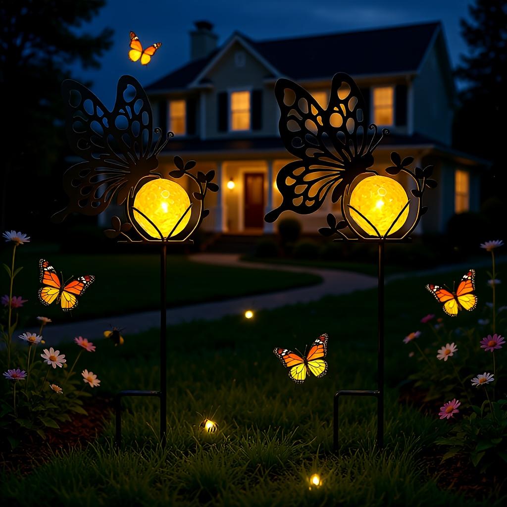 2Pcs Metal Solar Garden Stakes Outdoor Decor Waterproof Animal LED Light Cat Butterfly Bee Fairy Stake for Yard Lawn Path Gift