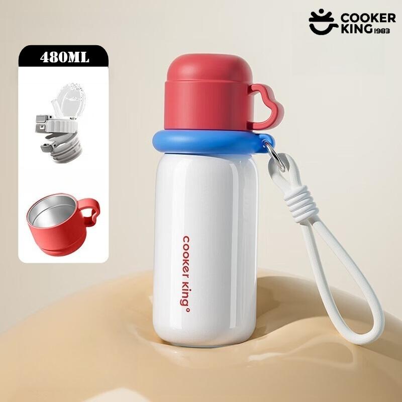 COOKER KING 480ML Children's Thermos Cup 316/304 Stainless Steel+PP Straw Cup with Carrying Rope Waterbottle for School Use