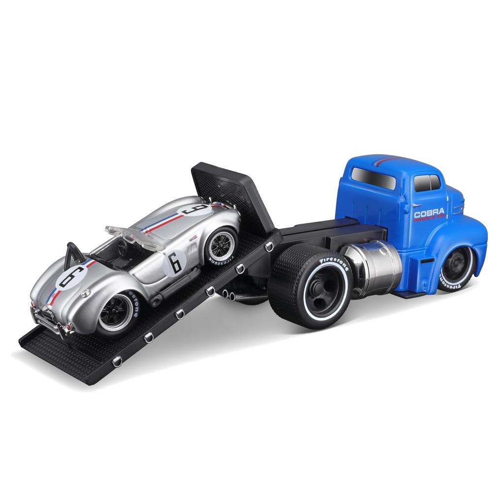 Maisto 1/64 Scale Muscle Machines Muscle Transporter Diecast Model Car (1950 Ford COE Flatbed/1964 Shelby Cobra - Silver/Blue 11548)
