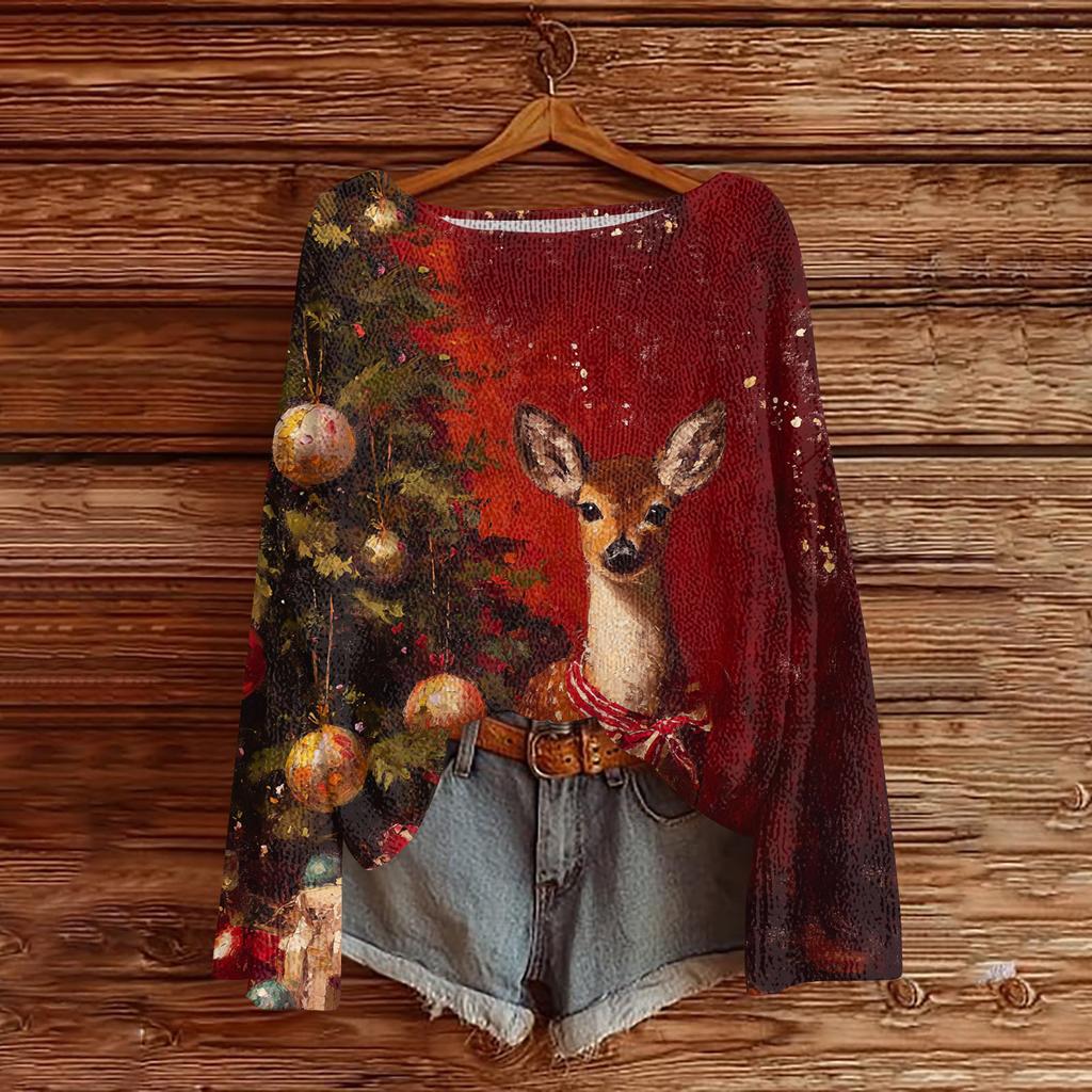 Women's Casual Fashion Round Neck Top Christmas Print Long Sleeve Knit Pullover