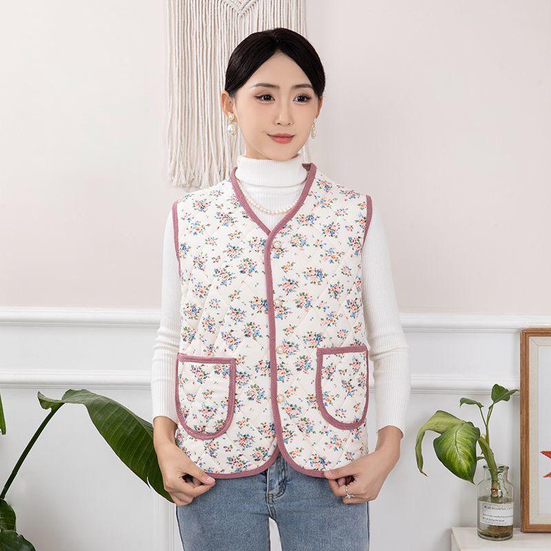 Women's V Neck Sleeveless Vest Regular Fit Vintage Floral Print Quilted Waistcoat