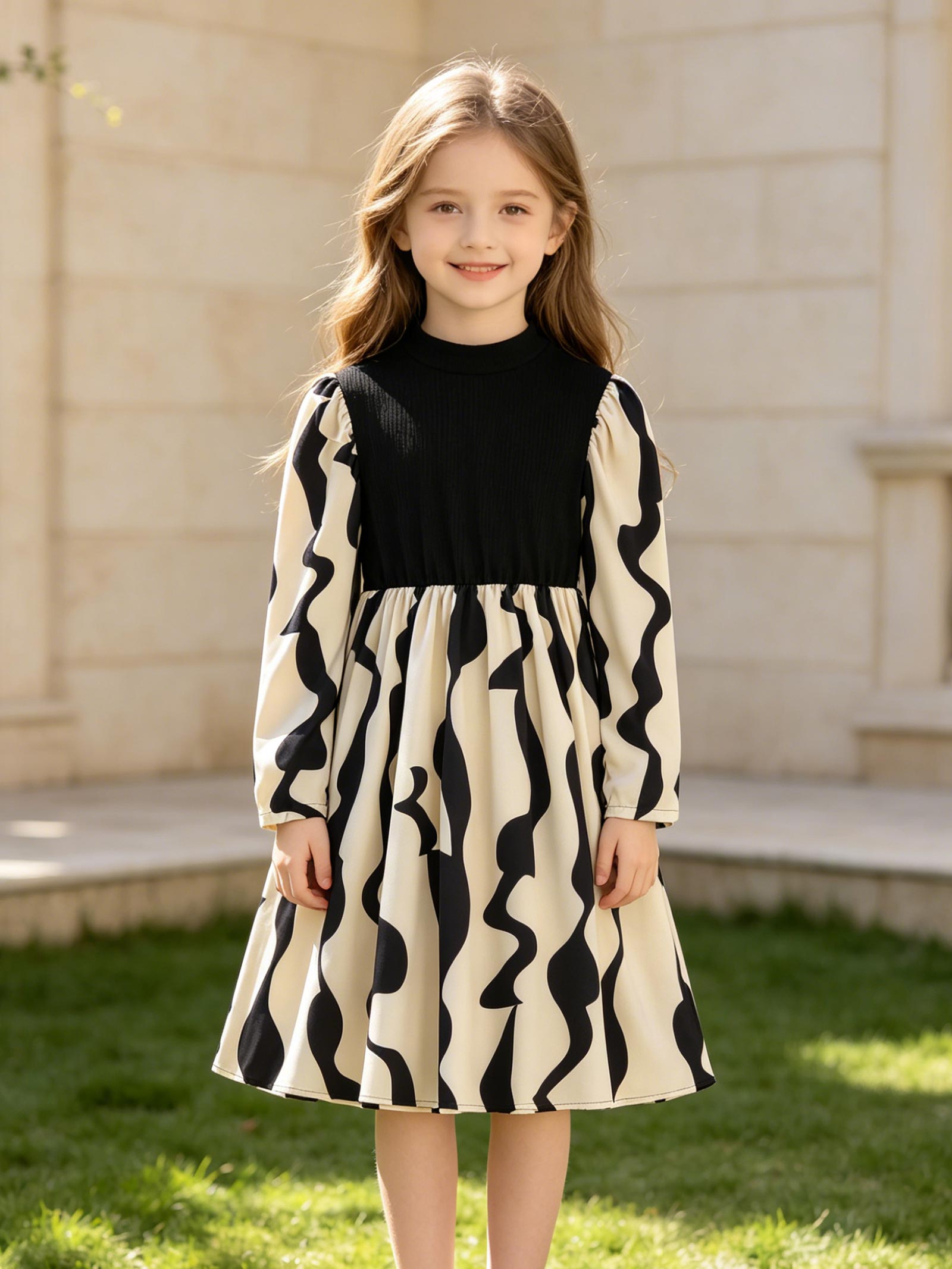 

Cute Little Girls Long-Sleeve Elastic Waist T-Shirt Dress for Holiday Party Age 8-12Y 8Y чёрный