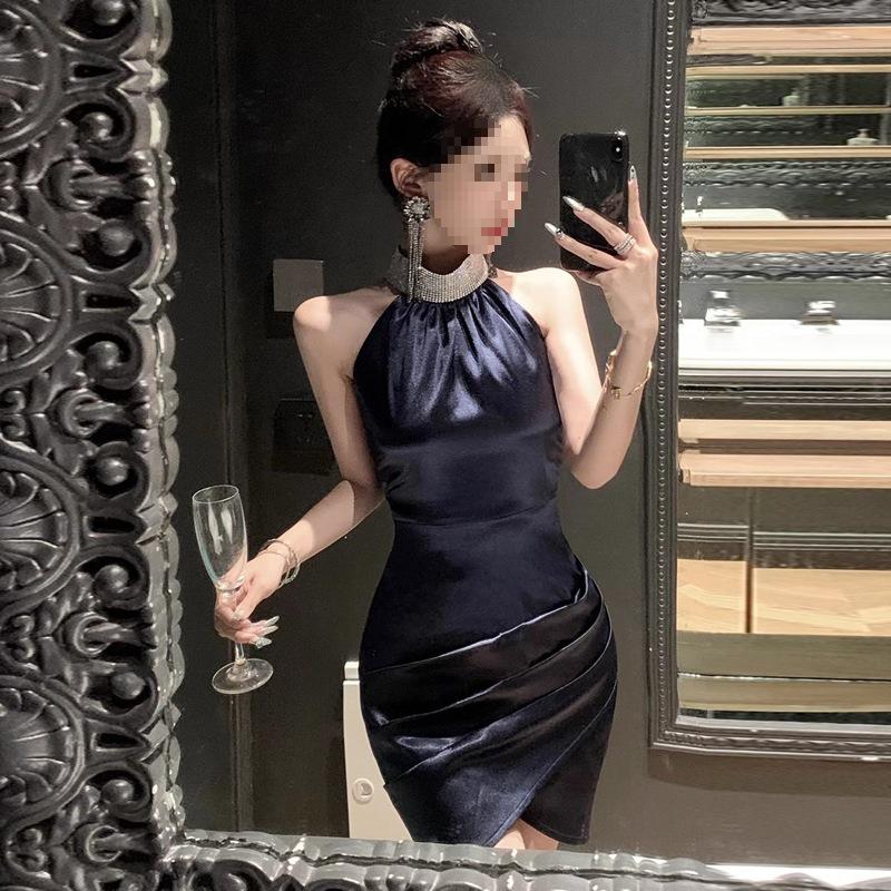 

2025 Socialite Style Diamond Halter Backless Slimming Dress for Women Small синій