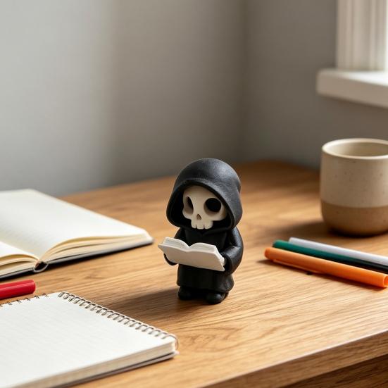 Durable 3D Print Skull Dark Style Halloween Ornament, Mini Printed Hooded Black And White Decor Compact Exquisite Details Sculpture, for Desk