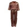 2 pezzi/set donna top pantaloni tuta raso superficie liscia mezze maniche scollo a V maglietta larga allacciatura pantaloni di colore puro con tasche signora casual tuta pantalone