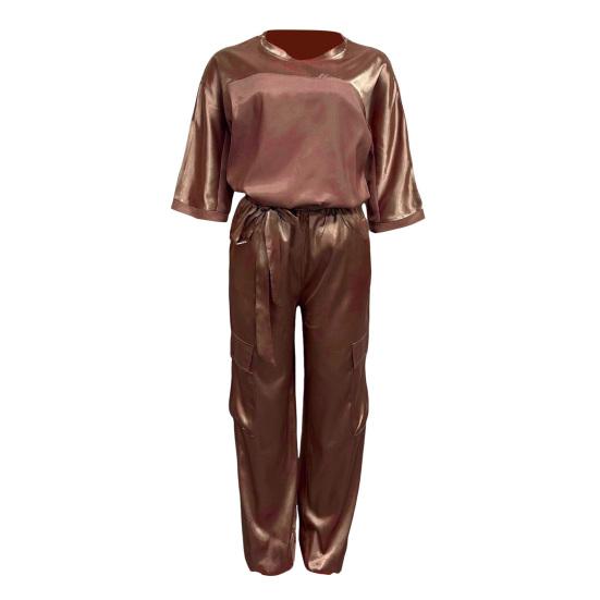 2 pezzi/set donna top pantaloni tuta raso superficie liscia mezze maniche scollo a V maglietta larga allacciatura pantaloni di colore puro con tasche signora casual tuta pantalone