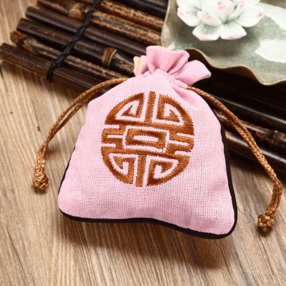 Pure Color Embroidery Drawstring Bag Canvas Festive Sugar Bag Retro Small Linen Handbag  Daily