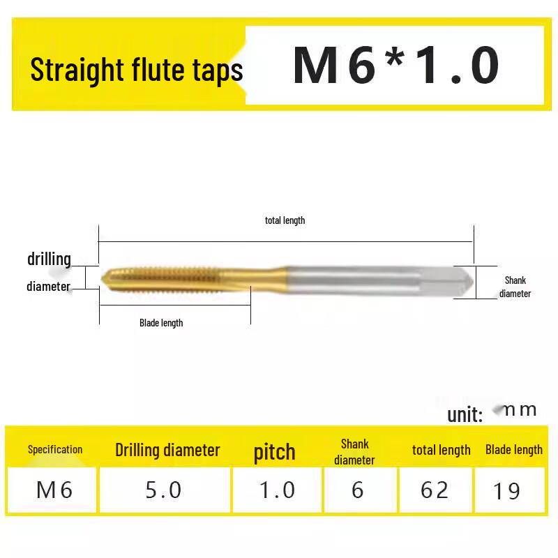 Songge M6*1.0 Titanium Plated Straight Flute Machine Tap