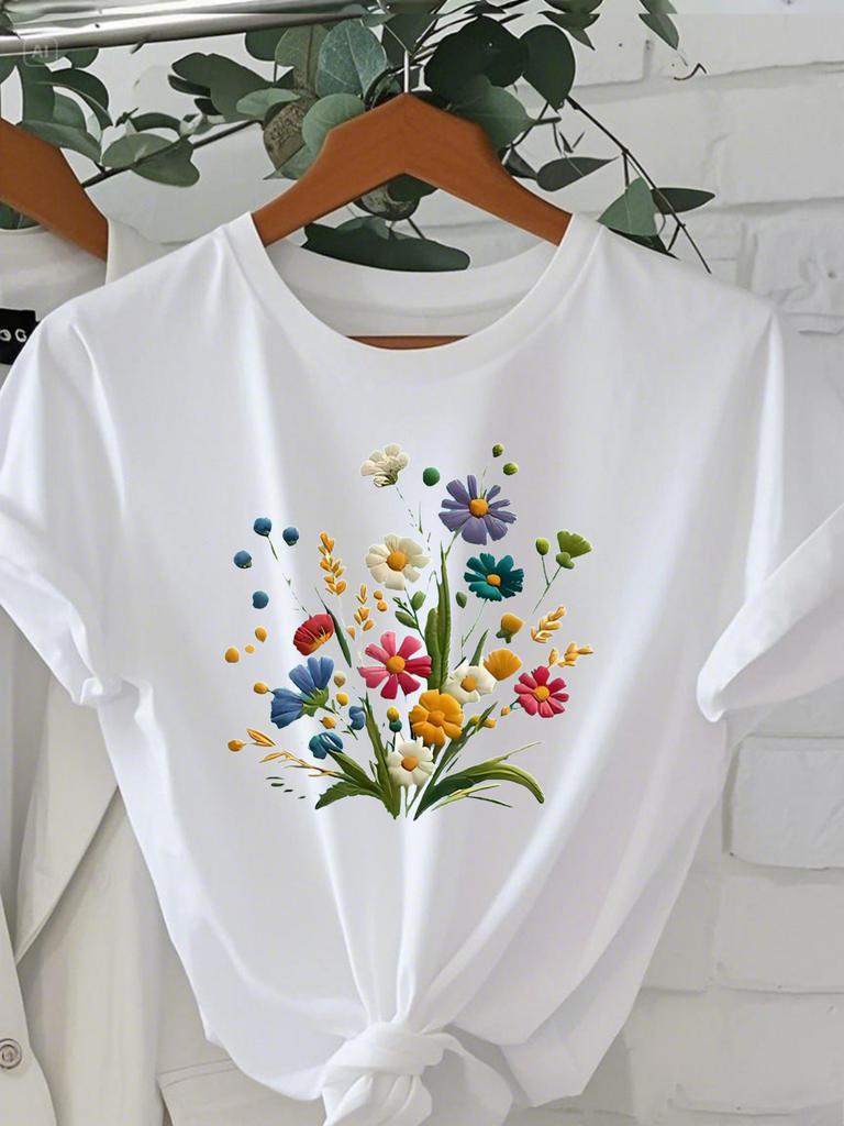 Women's Casual Short-Sleeve T-Shirt Colorful Floral Bouquet Print Relaxed Fashion imple Design Showing Natural And Elegant Style