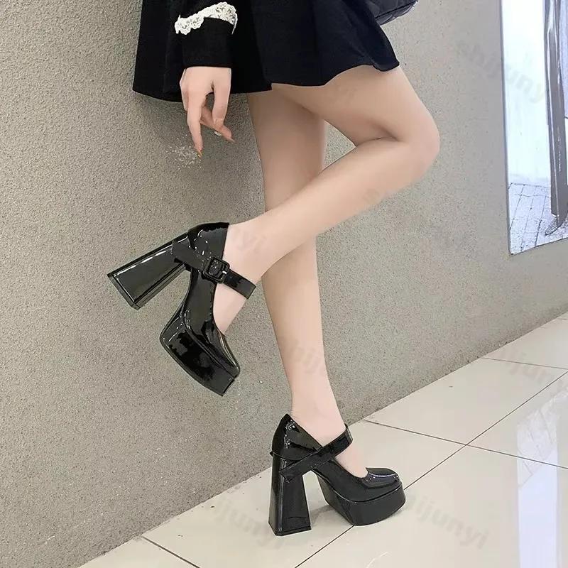 Fashion Ladies' High Heels 12cm French Mary Jane Shoes Thick Heel 2025 New Waterproof Platform Super Single Shoes Sandalias De Tacón