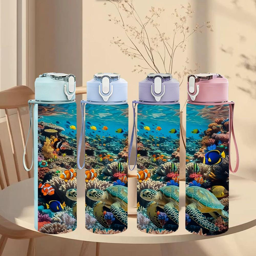 1PC Coral Reef Underwater Ocean Scene Print 750ml Color Plastic Sports Water Bottle Leakproof Flip Straw Lid Suitable for Sports Office Home Use