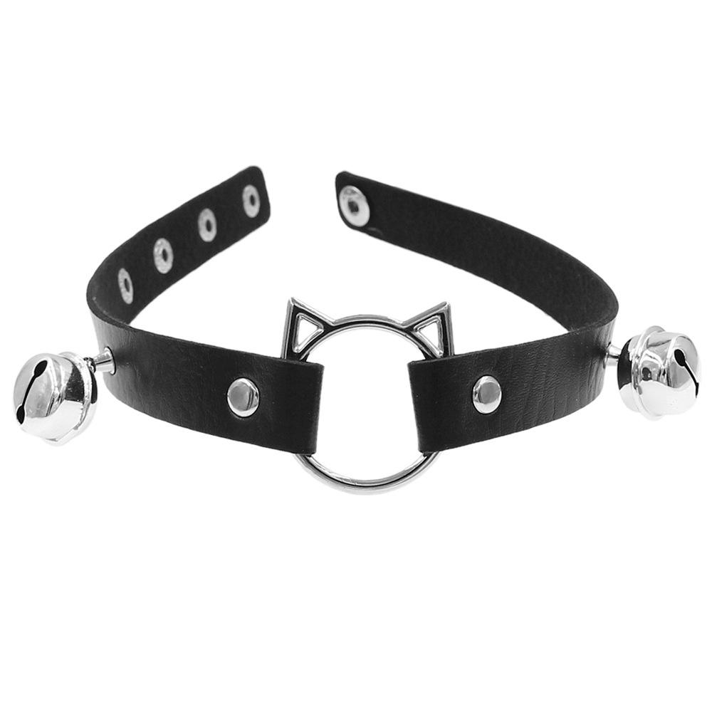 Eco-friendly PU Leather European and American Cartoon Cat Head Bell Collar Dark Punk Wind Choker Necklace Necklace Female