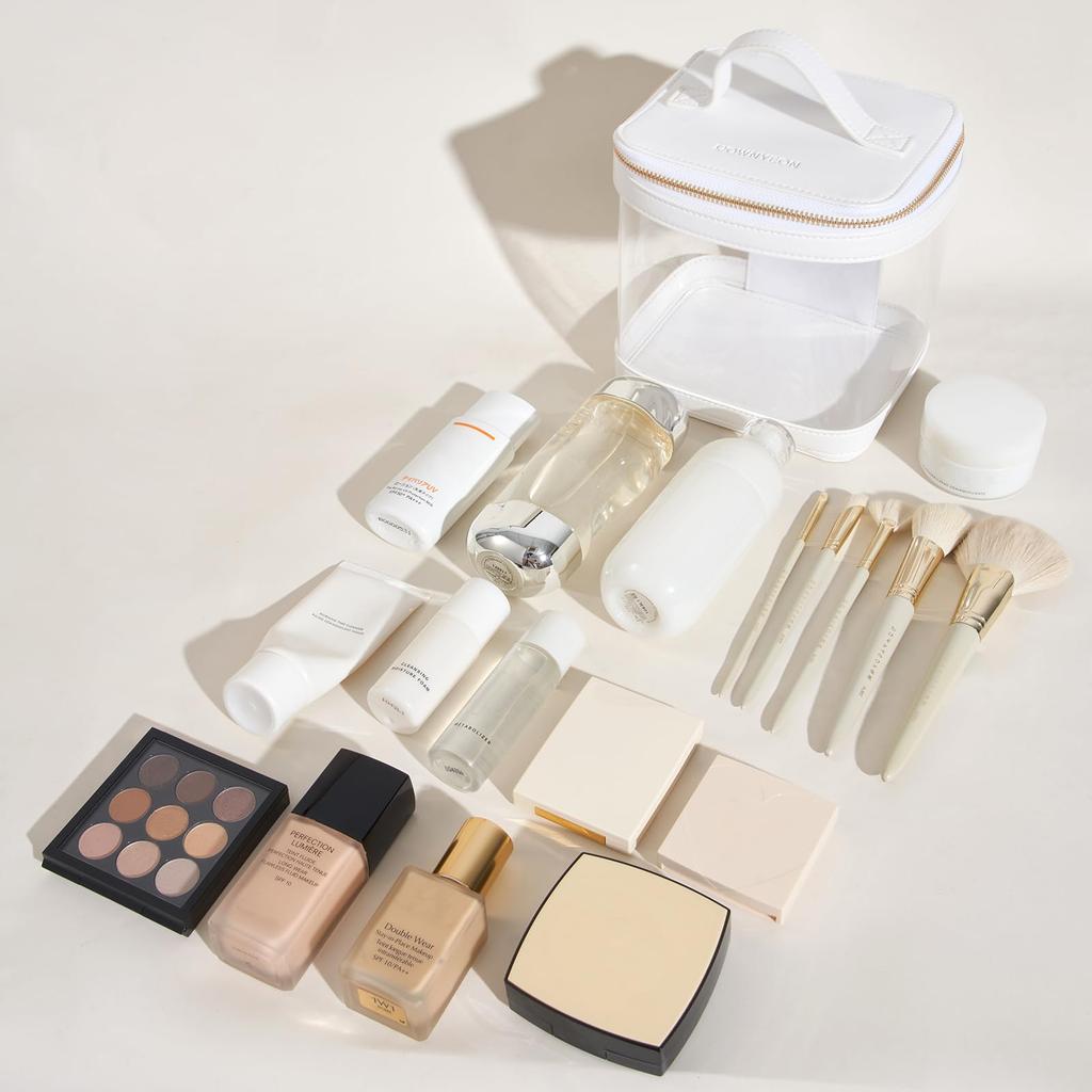 Rownyeon Clear Makeup Pouch with Simple Large for Cosmetics and Small Perfect for Everyday Business and White Handle, Transparent, Portable, Vinyl,