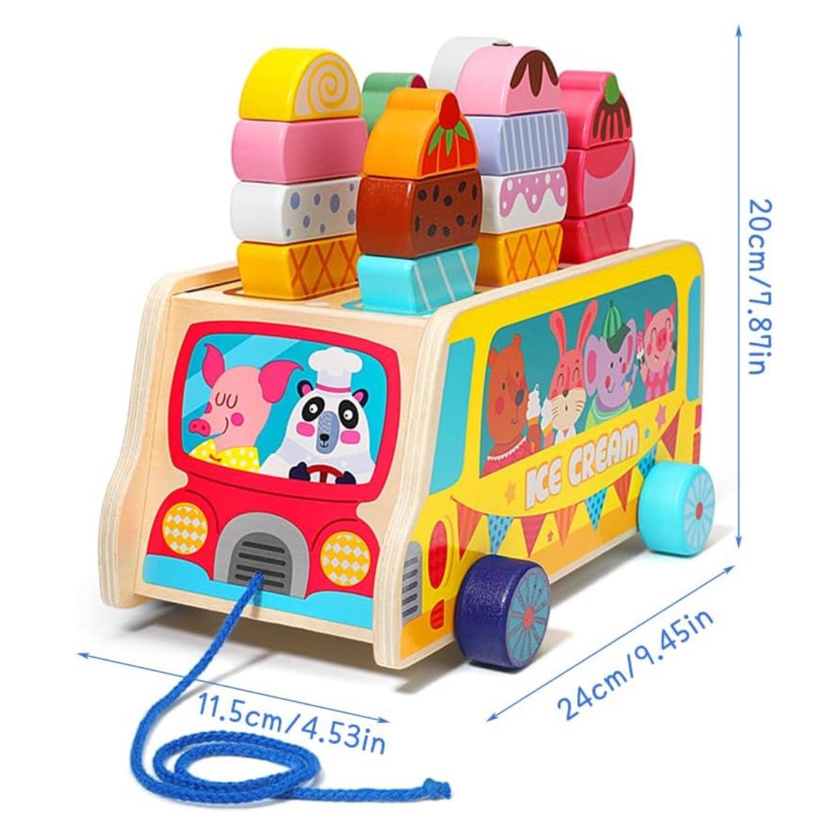 Wooden Ice Cream Truck, 27 Pieces Ice Cream Toy for Children, Ice Cream Parlor Children Wooden with Movable Wheels & Magnetic