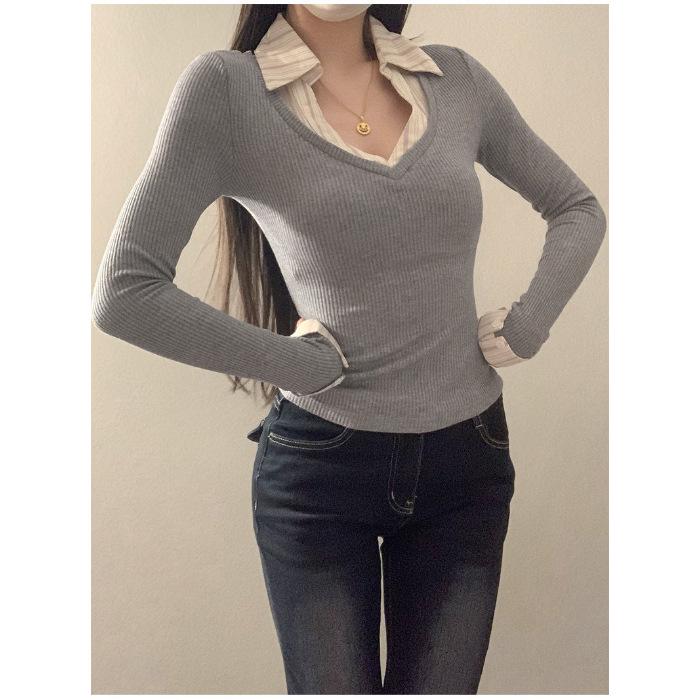 

Korean Style Peach Heart Long Sleeve Bodycon T-Shirt for Women - Autumn/Winter Sweet Girl Collection Large серый