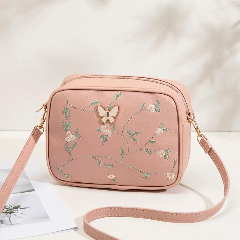 Embroidered Flower Bow Camera Bag Simple Women's Casual Small Square Bag PU Leather Shoulder Crossbody Bag AVE
