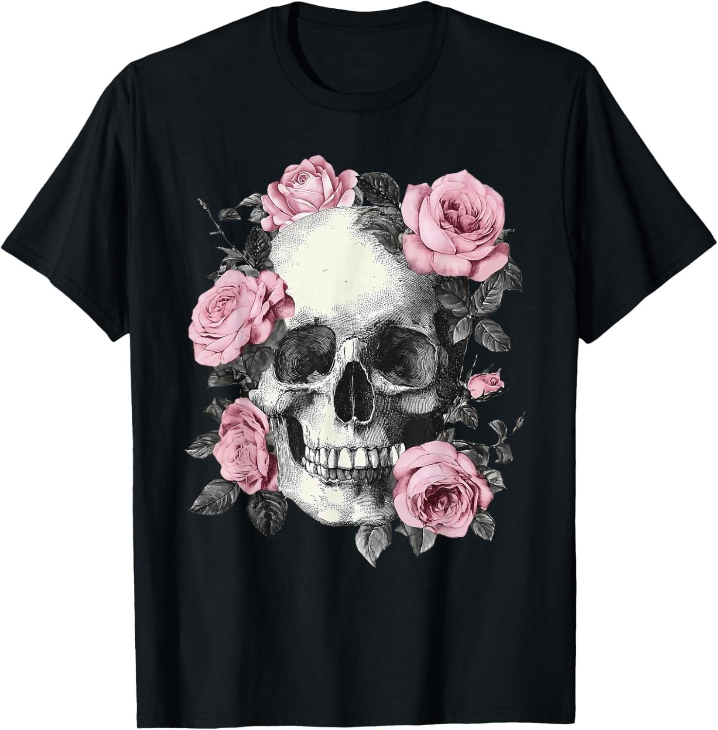 Floral Sugar Skull Rose Flowers Skeleton Halloween Men Women T-Shirt unisex Tee S разноцветный
