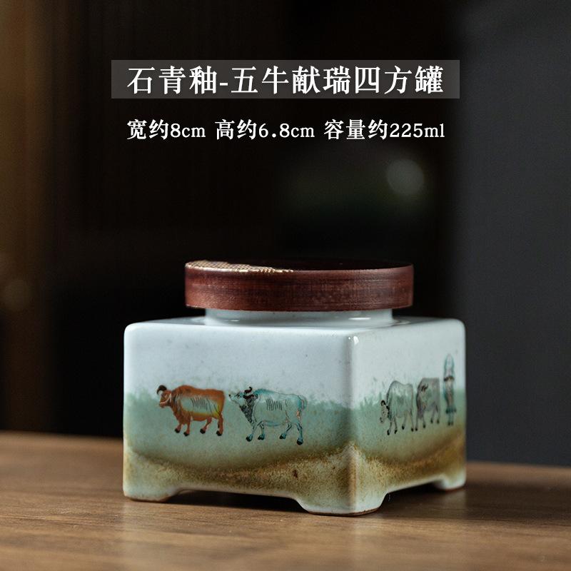 Blue and White Porcelain Tea Pot with Lid Ceramic Seal Candy Coffee Bean Medicinal Material Pot Tea Warehouse Square Container