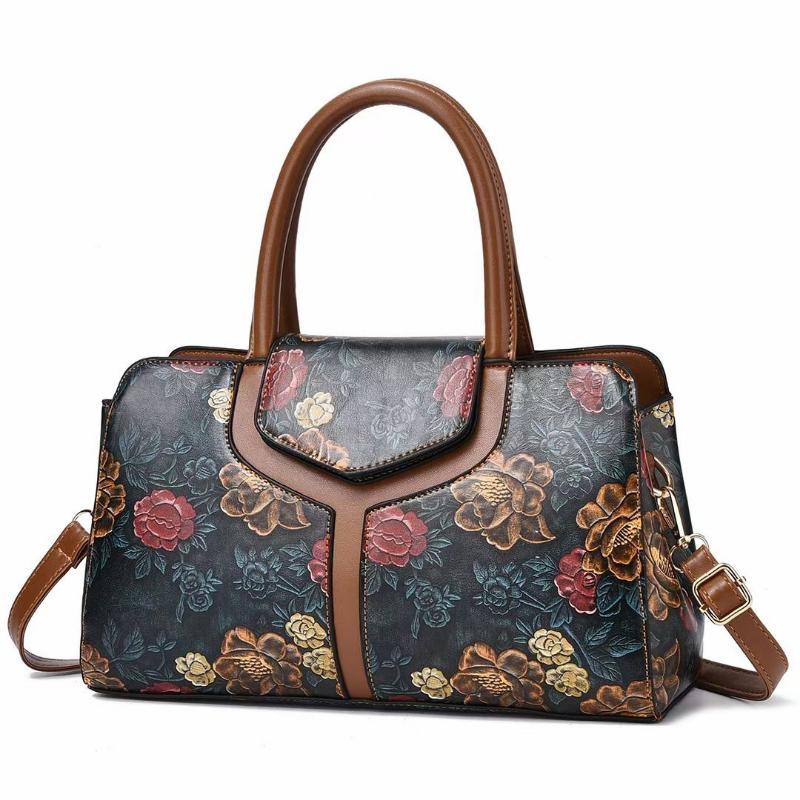 Shoulder Tote Bag for Women Retro Flower Pattern Satchel PU Crossbody Handbag