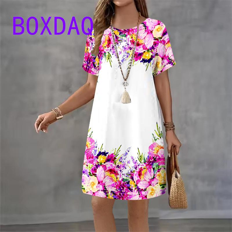 

Butterfly Flower Print Women Dress Fashion Elegant Short Sleeve O-Neck Loose A-Line Dress New Summer Beach Party Dress Sundress S