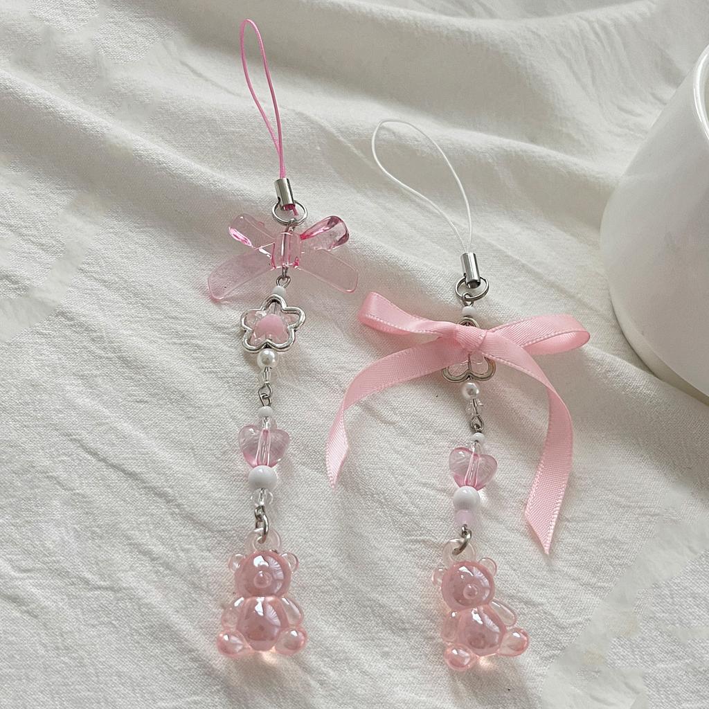 Cute Strap Bow Strawberry Pendant Mobile Phone Chain Bow Beaded Short Camera Pendant Keychain