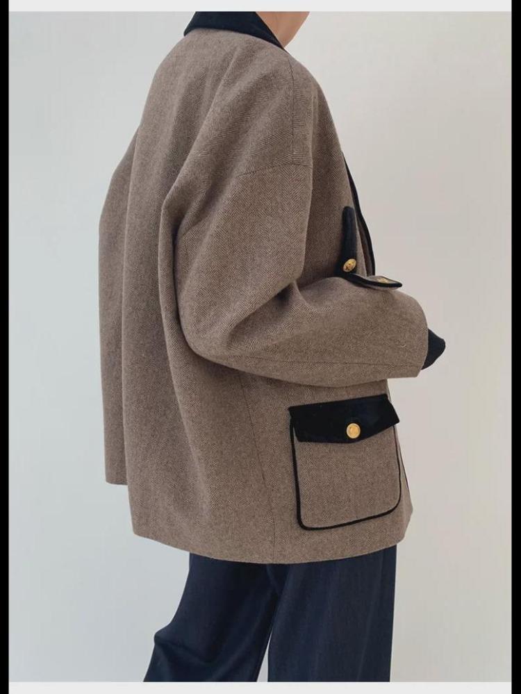 Autumn Winter Fashion Womens Woolen Twill Velvet Jacket Coat with Contrast Stitching