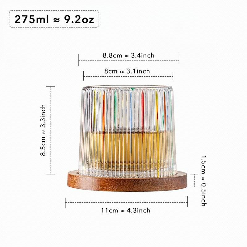 275ml Hand-Painted Spinning Whisky Glass with Gyro Base & Wood Rotating Coaster - Stress Relief Gift for Cocktail, Coffee, Tea,