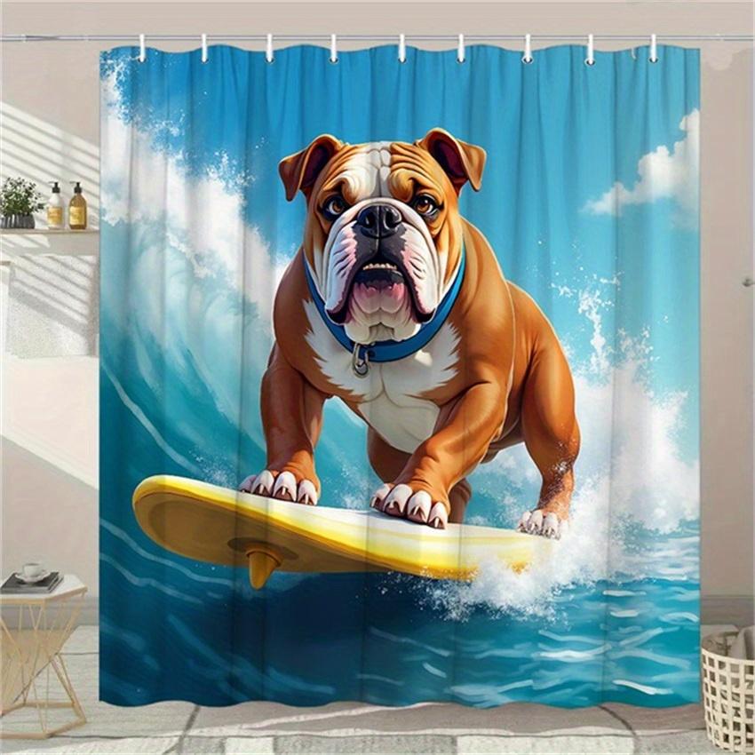 

Funny Bulldog Surfing Shower Curtain Ocean Wave Design Dog On Yellow Surfboard Blue Background Waterproof Fabric For Kids W60H190(CM)-1 Pcs