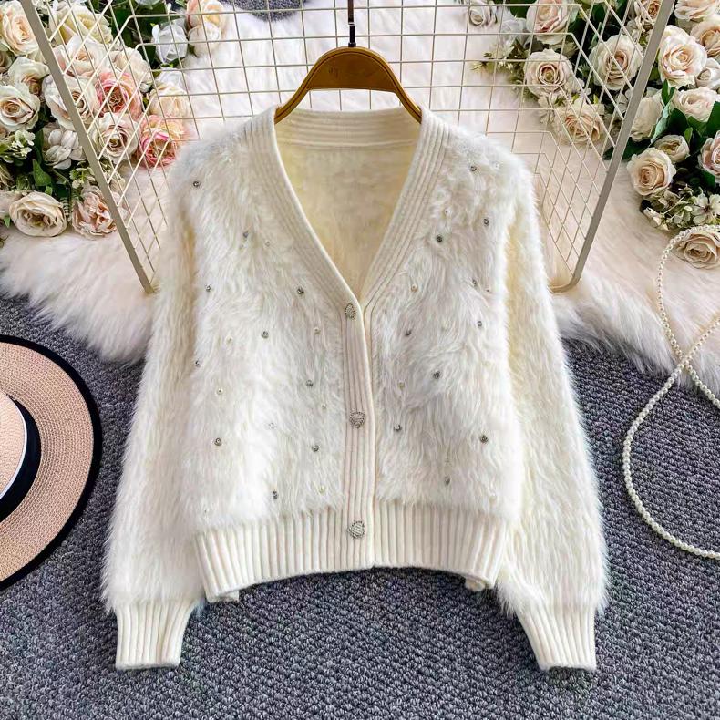 

В язаний светр з V-подібним вирізом Жіночий Зимова Фасон Розкішний Легкий Пальто на перламутрових ґудзиках Вільний крій Прямий Жіночий светр One size білий