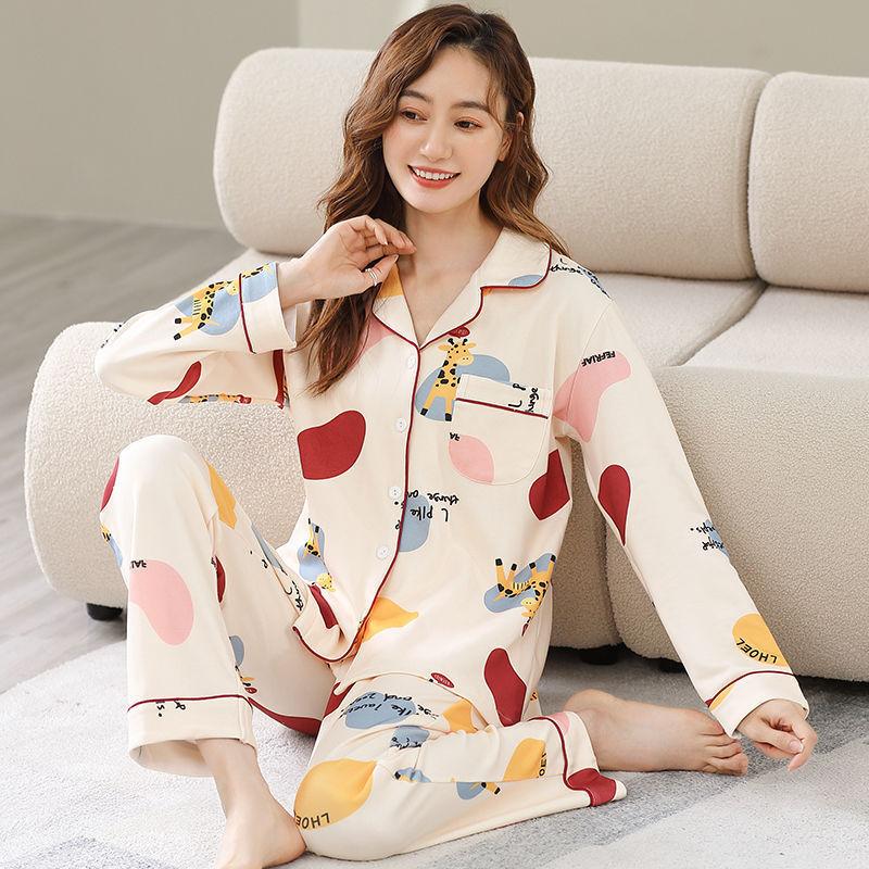 Women's 100% Cotton Long-Sleeve Pajamas for Middle-Aged & Elderly - Loose Cardigan for Autumn/Winter