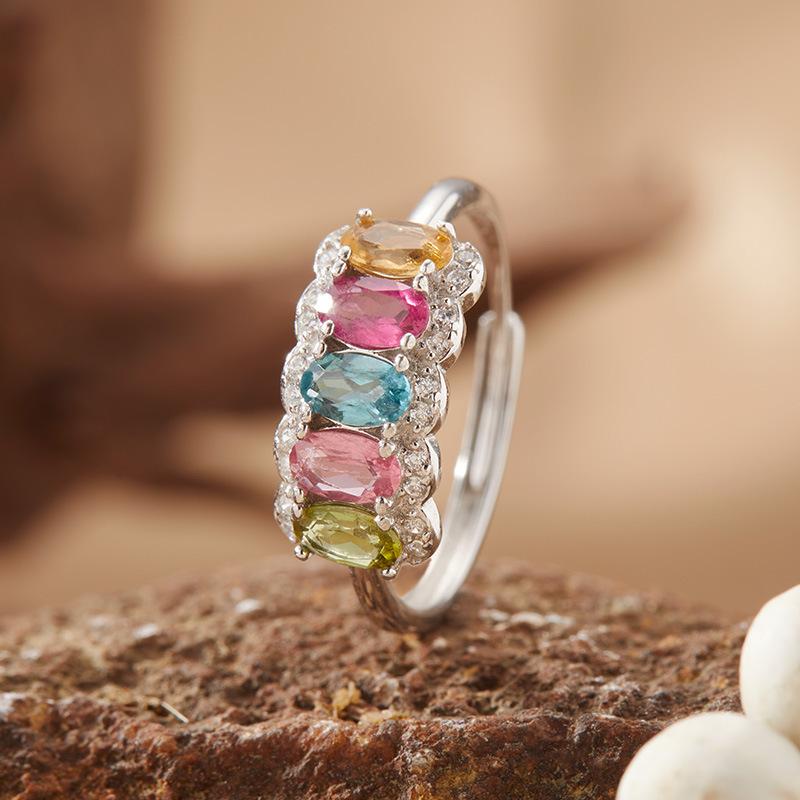 S925 Sterling Silver Natural Tourmaline Color Treasure Ring Women'S Color Gemstone Index Finger Ring Jewelry