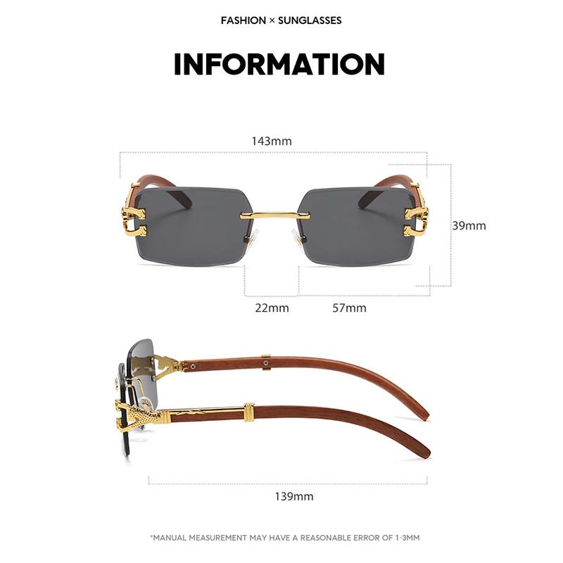 Classic Vintage Rimless Square Leopard Head Sunglasses Ladies Men Fashion Luxury  Designer Travel Wooden Metal Sun Glasses