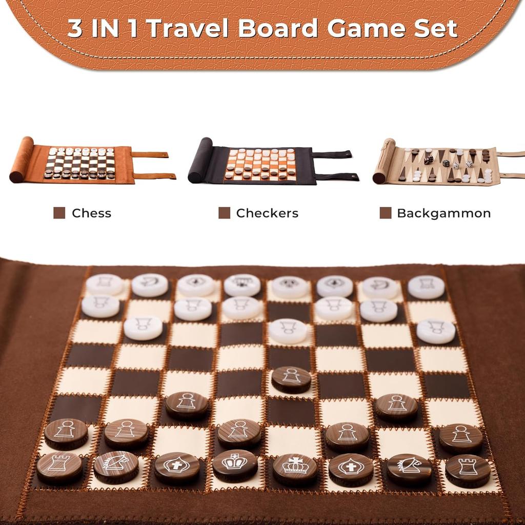 3-in-1 Travel Chess Checkers Backgammon Set, Roll-up Leather Game with 32 Pearl Pieces & 5 Dice, Portable Strategy Board Game fo
